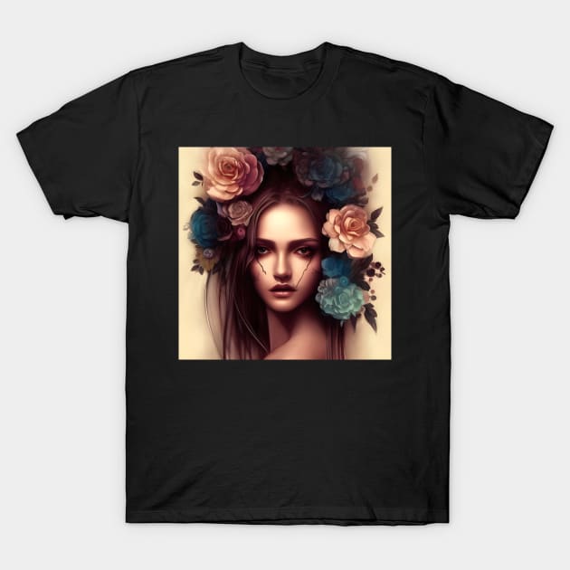 Beaux Animes Art, Beautiful Anime Girl with flowers in her hair and scars on her face Design T-Shirt by Beauxanimes